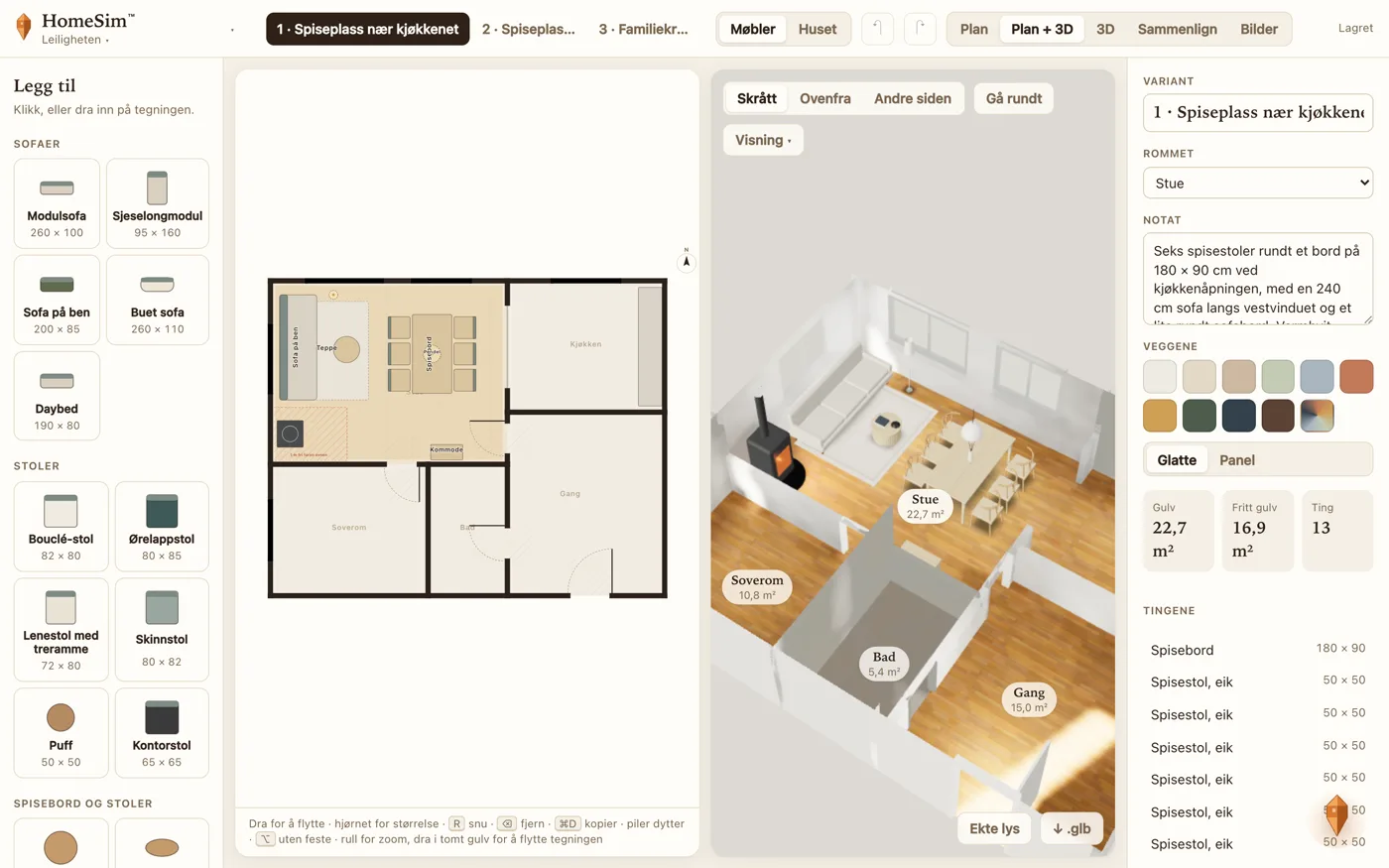 Planen og 3D-visningen av en oppdiktet leilighet i HomeSim